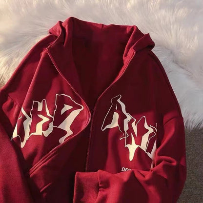Amy Fashion - Letter Print Zip Up Hoodies