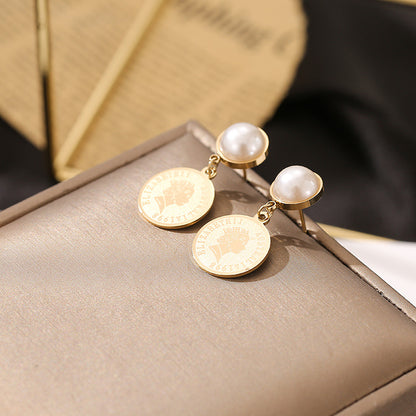 14K Gold Elegant Pearl Relief Portrait Coin Earrings