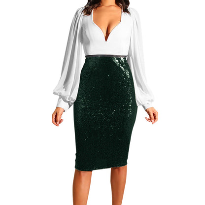 Shiny Sequin High Waist Glitter Gold Silver Stretchy Pencil Skirt