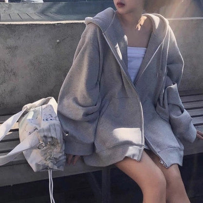 Amy Fashion - Korean Version Zip Up Loose Oversized Hoodie