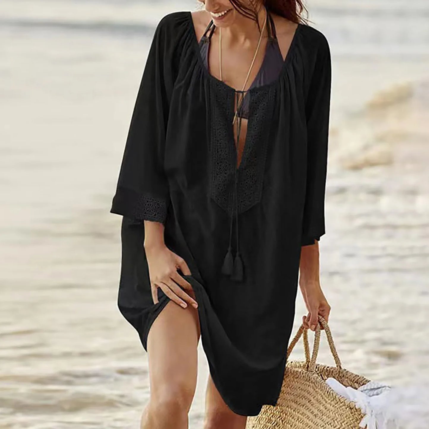 Amy Fashion - Casual Loose Midi Dress Beach Cover-Up Bikini Sets