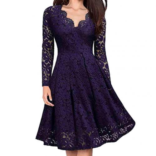 Amy Fashion - Lace Floral V Neck Long Sleeve Midi Dress